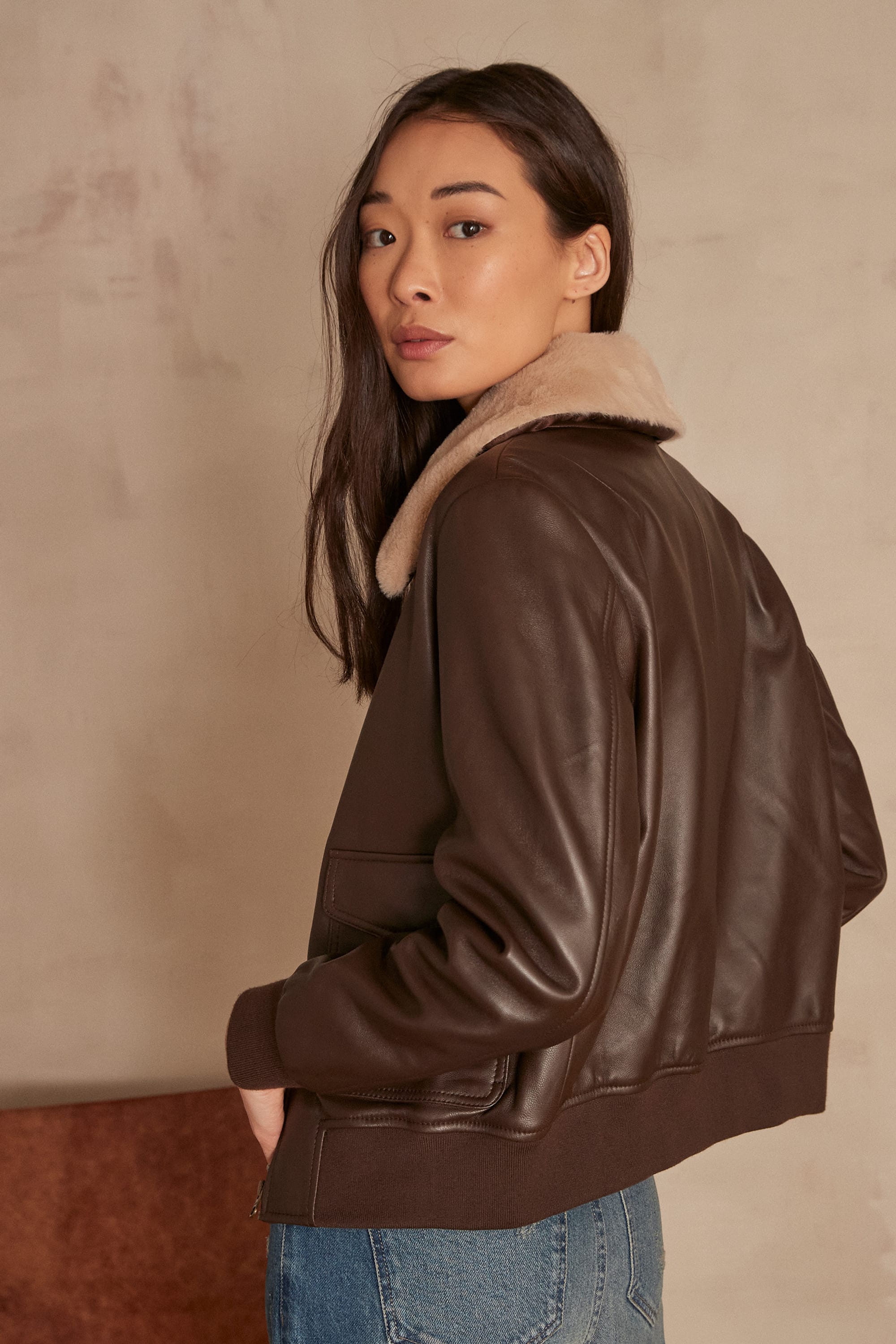 Blouson en cuir marron Adam Femme MARRON Maison 123