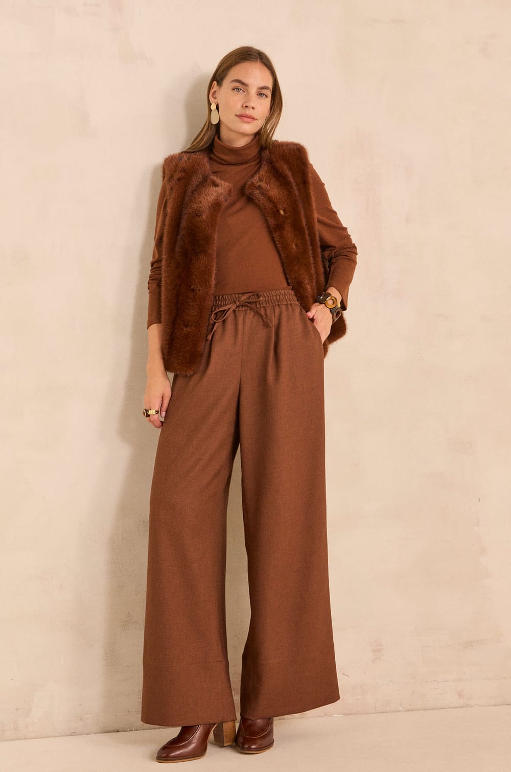 Wide cinnamon pants in blended viscose PRINCE;${refinementColor}