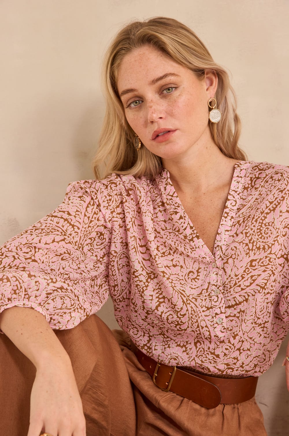 DEVONA long-sleeve printed cotton blouse;${refinementColor}