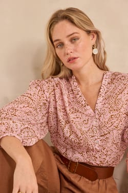 DEVONA long-sleeve printed cotton blouse;${refinementColor}