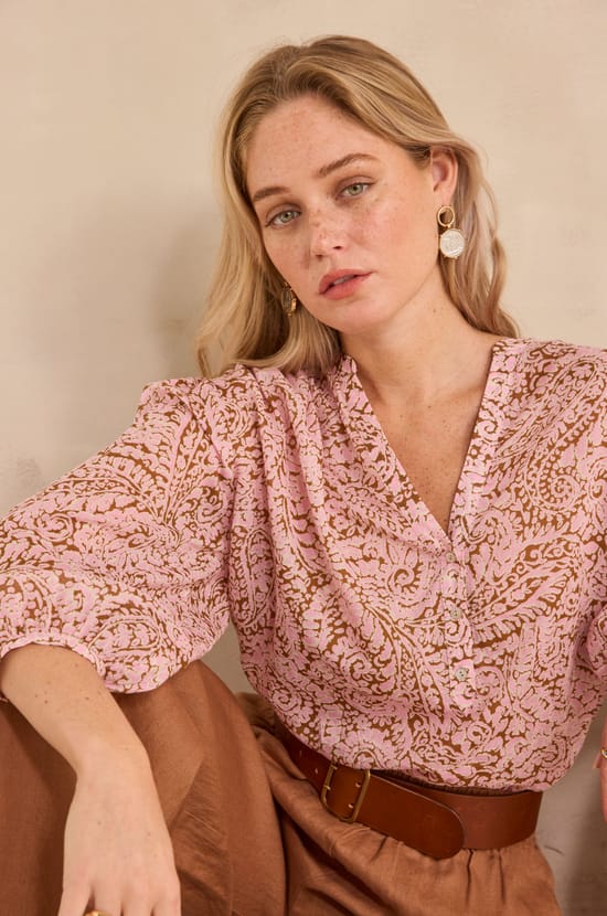 DEVONA long-sleeve printed cotton blouse;${refinementColor}