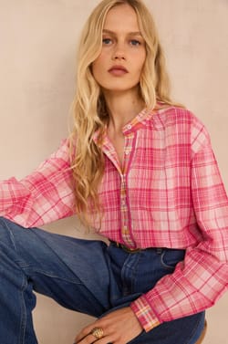 Long sleeve checkered cotton blouse MELODIE;${refinementColor}