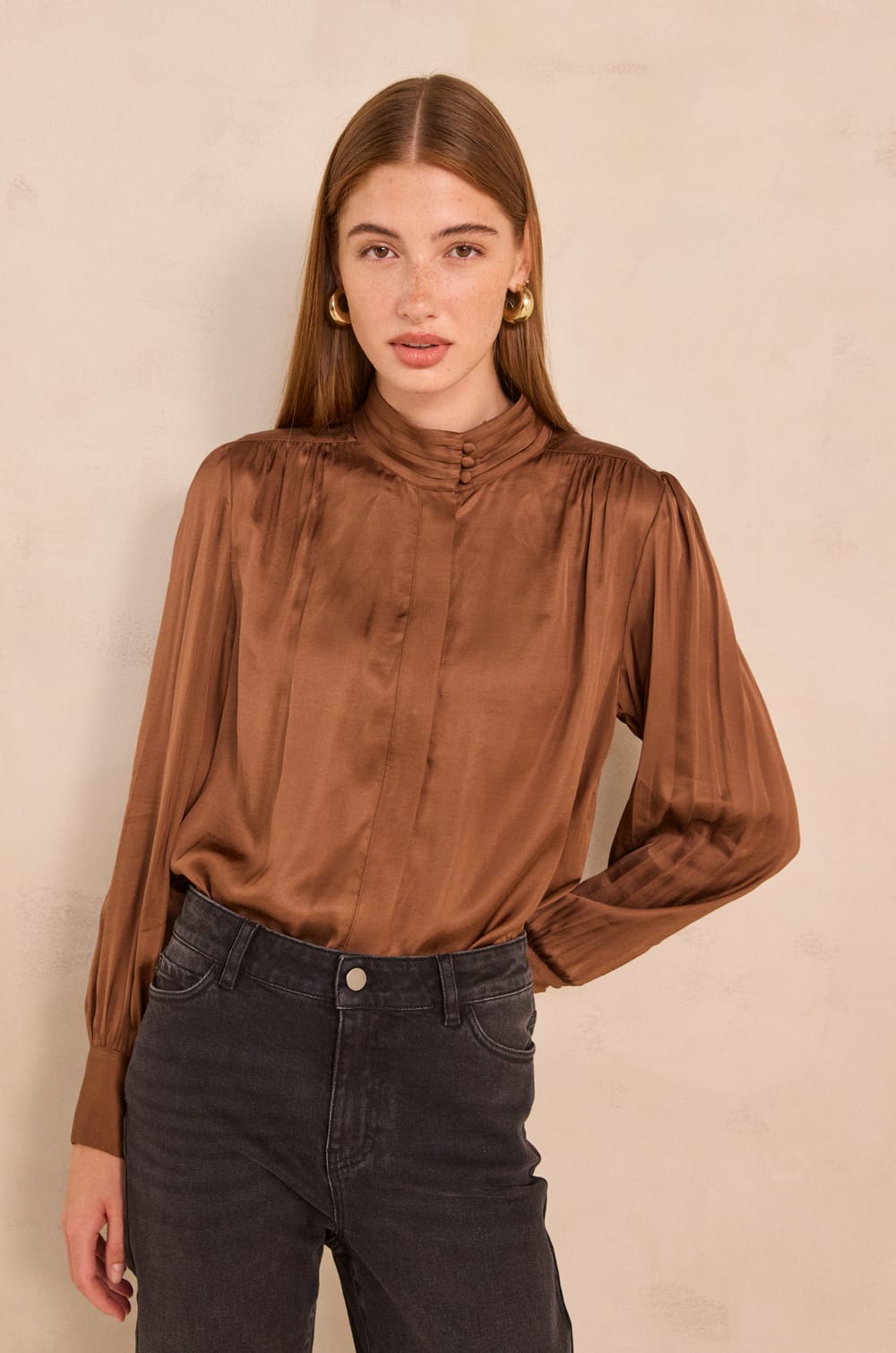 Satin blouse with bow tie collar SPIRIT;${refinementColor}