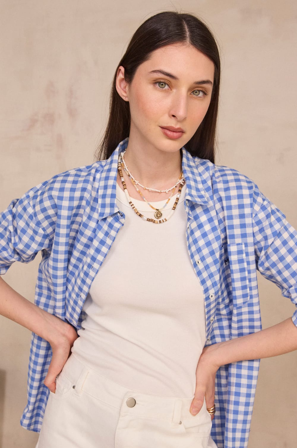 Long sleeve checkered cotton shirt MARILOU;${refinementColor}