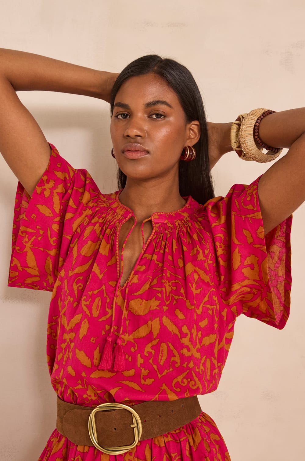 MIA short-sleeve cotton printed blouse;${refinementColor}