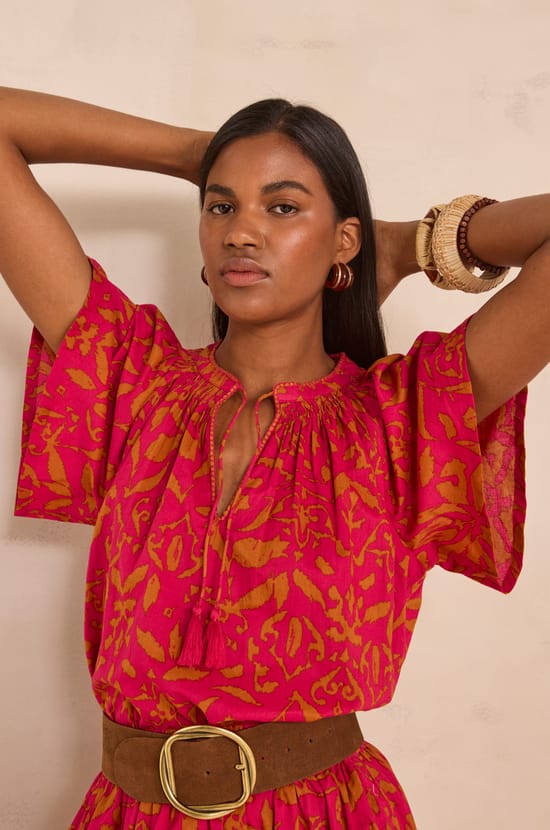 MIA short-sleeve cotton printed blouse;${refinementColor}