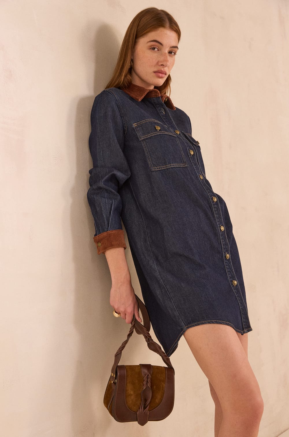 Straight denim and corduroy dress PAULINA;${refinementColor}