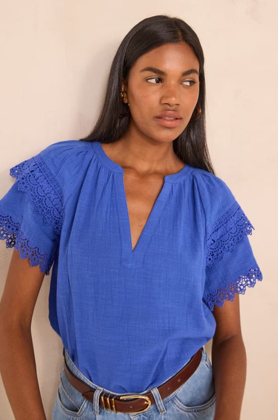 Embroidered short-sleeved cotton blouse MATHIS;${refinementColor}
