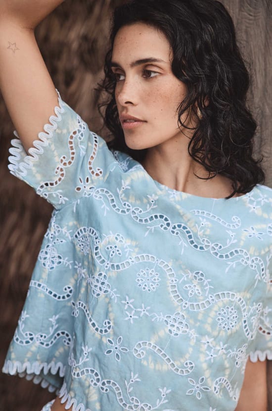 Embroidered 3/4 sleeve cotton blouse DANTY;${refinementColor}