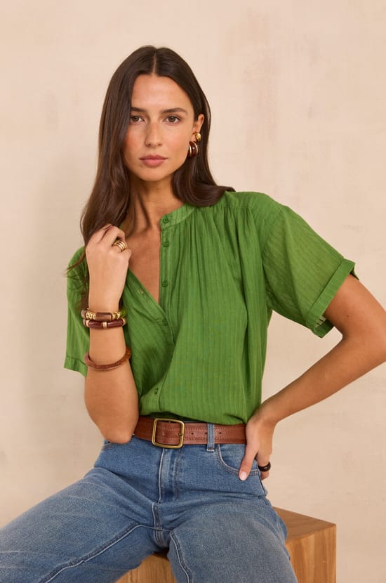 Short Sleeve Blouse in Mixed Cotton DEVIKA;${refinementColor}