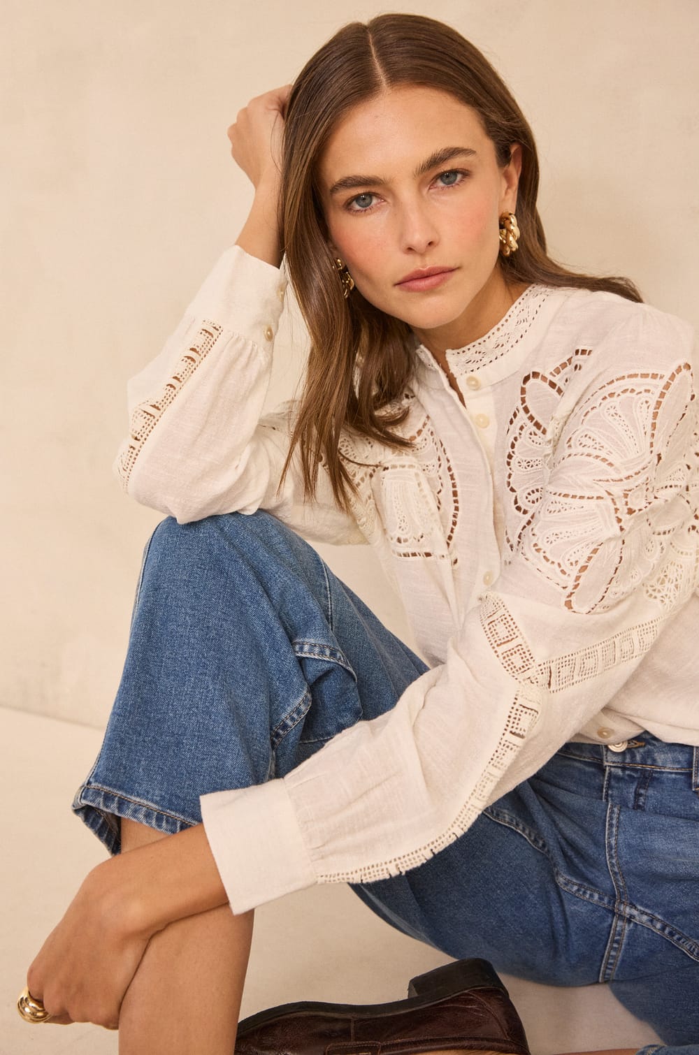 Blouse brod&eacute;e &agrave; manches longues en coton MARTHA;${refinementColor}