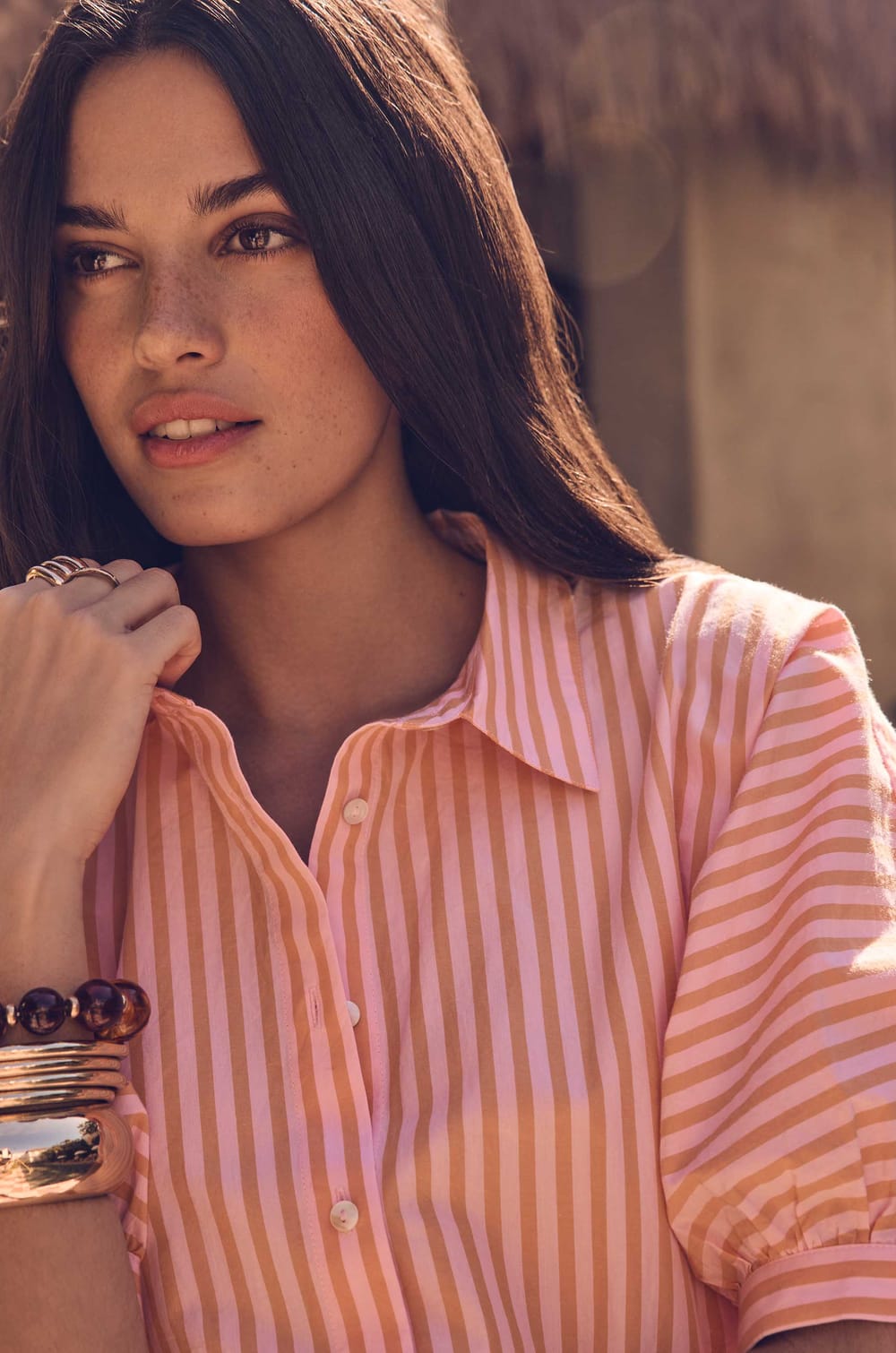 Chemise ray&eacute;e &agrave; manches 3/4 en coton DOMENICO;${refinementColor}