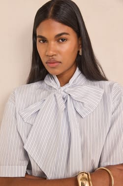 Short-sleeved cotton blouse with bow tie collar DARINE;${refinementColor}