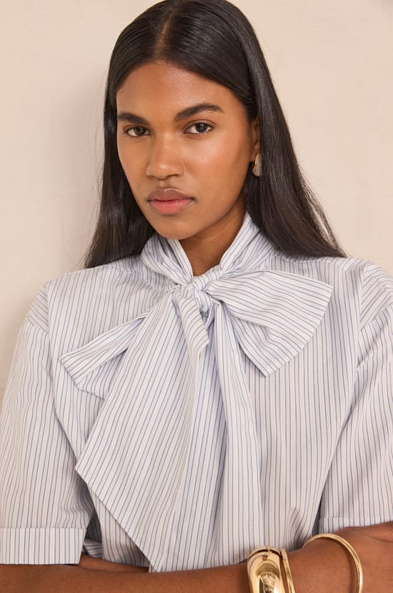 Short-sleeved cotton blouse with bow tie collar DARINE;${refinementColor}