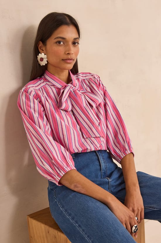 Striped cotton blouse with lavalli&egrave;re collar DOMITILLE;${refinementColor}