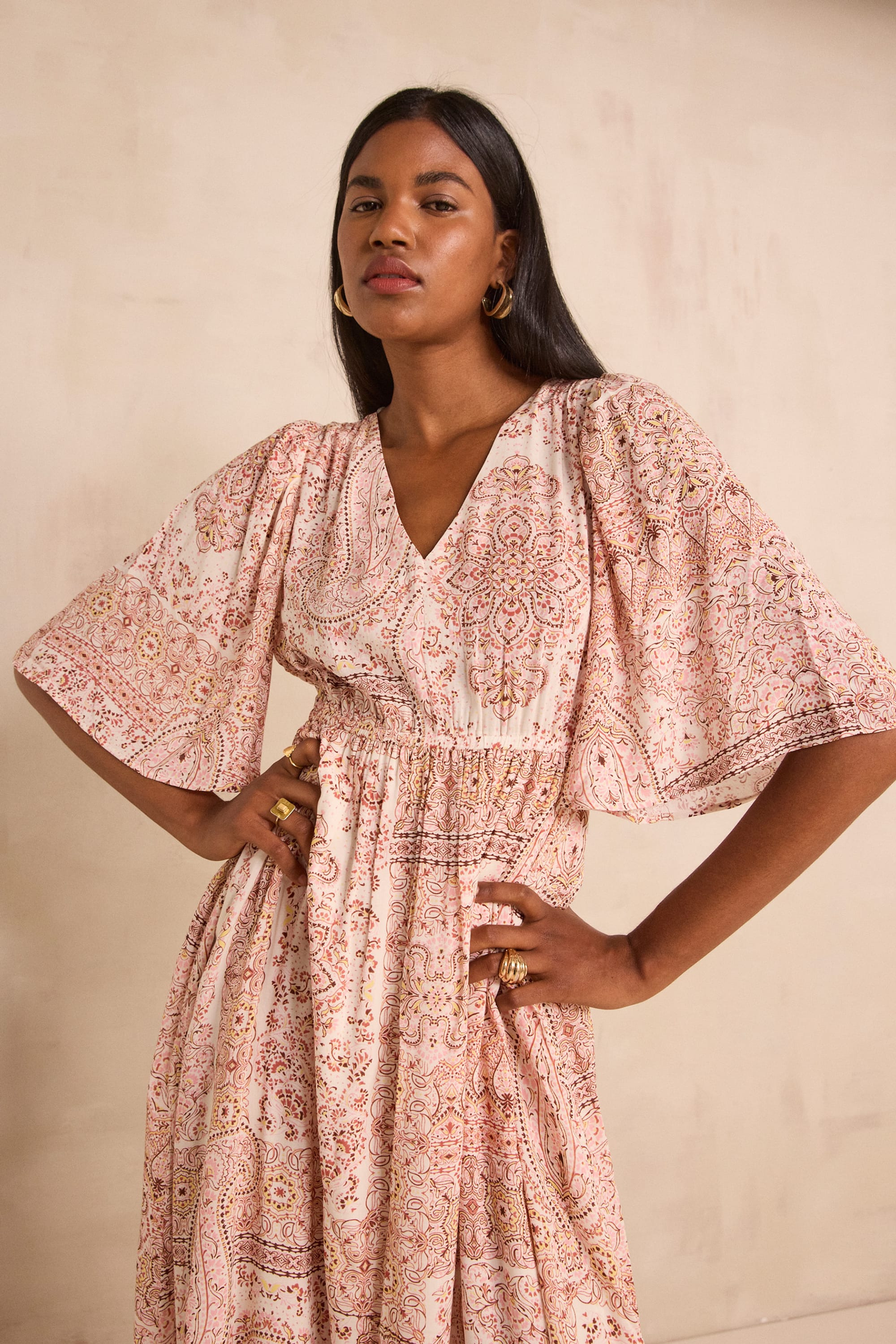 Flowy printed dress with long sleeves PERLA woman | DARK PINK