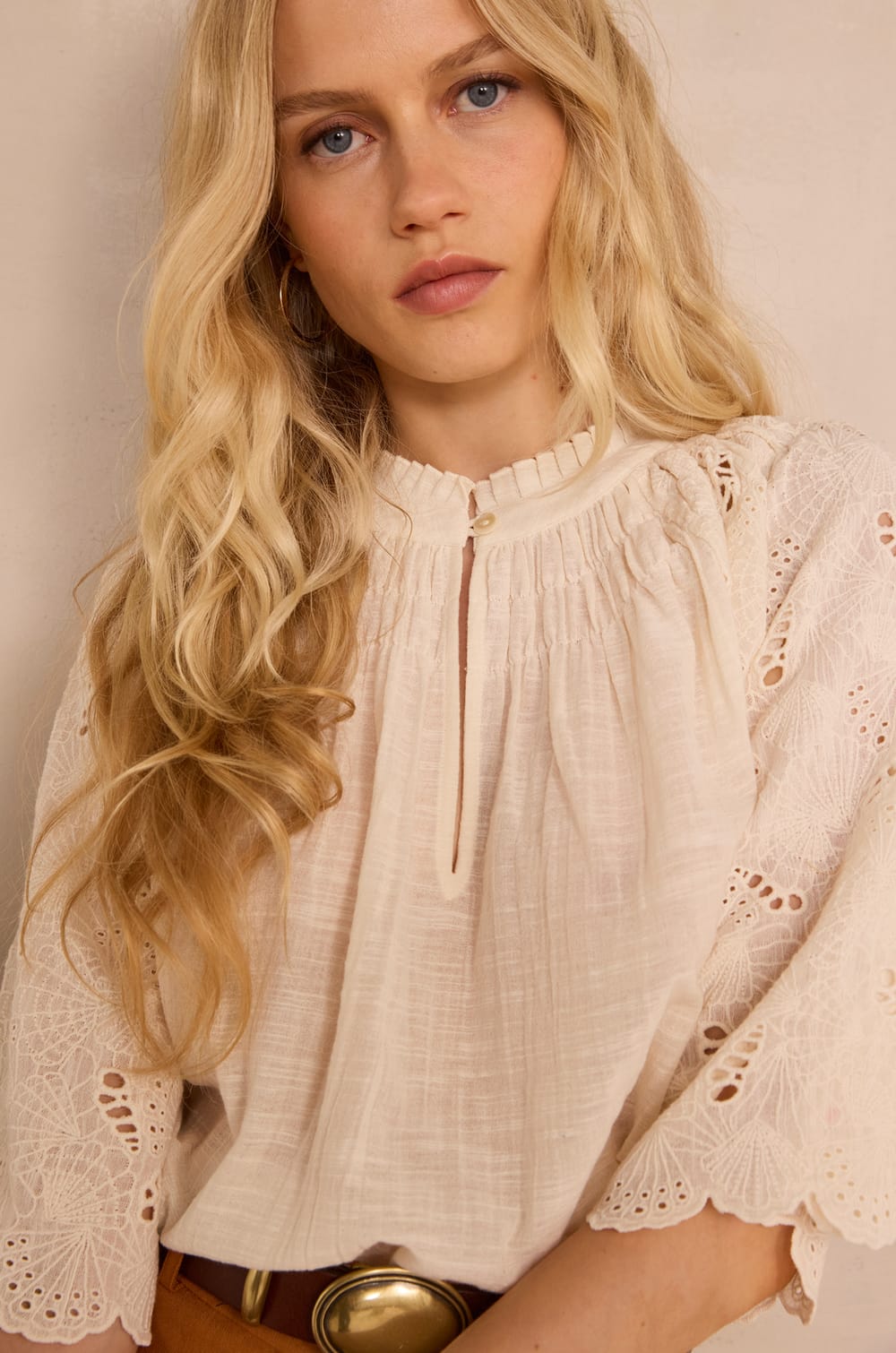 Embroidered 3/4 Sleeve Cotton Blouse MASHA;${refinementColor}