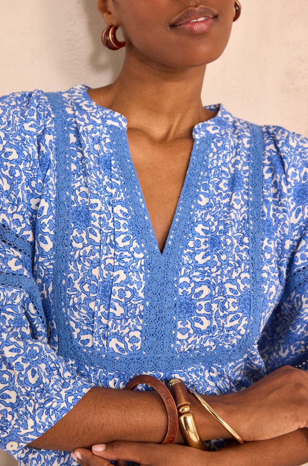 Long printed cotton blend lace dress LOLY;${refinementColor}