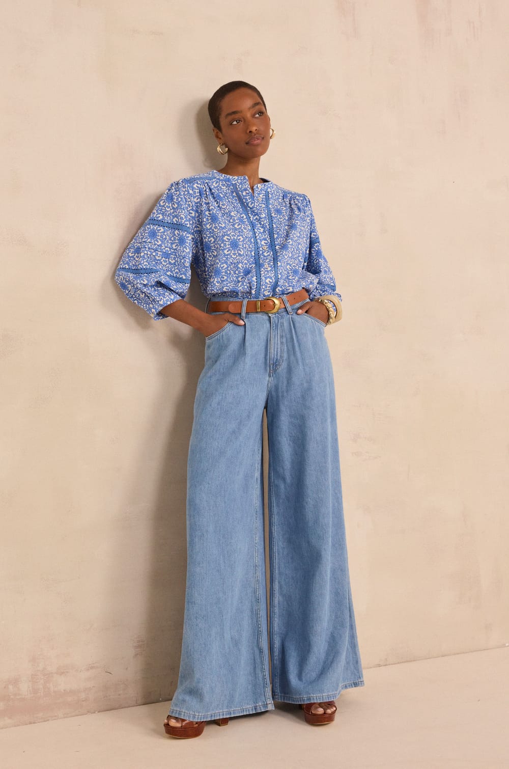 DOMY lace-print cotton blend blouse;${refinementColor}