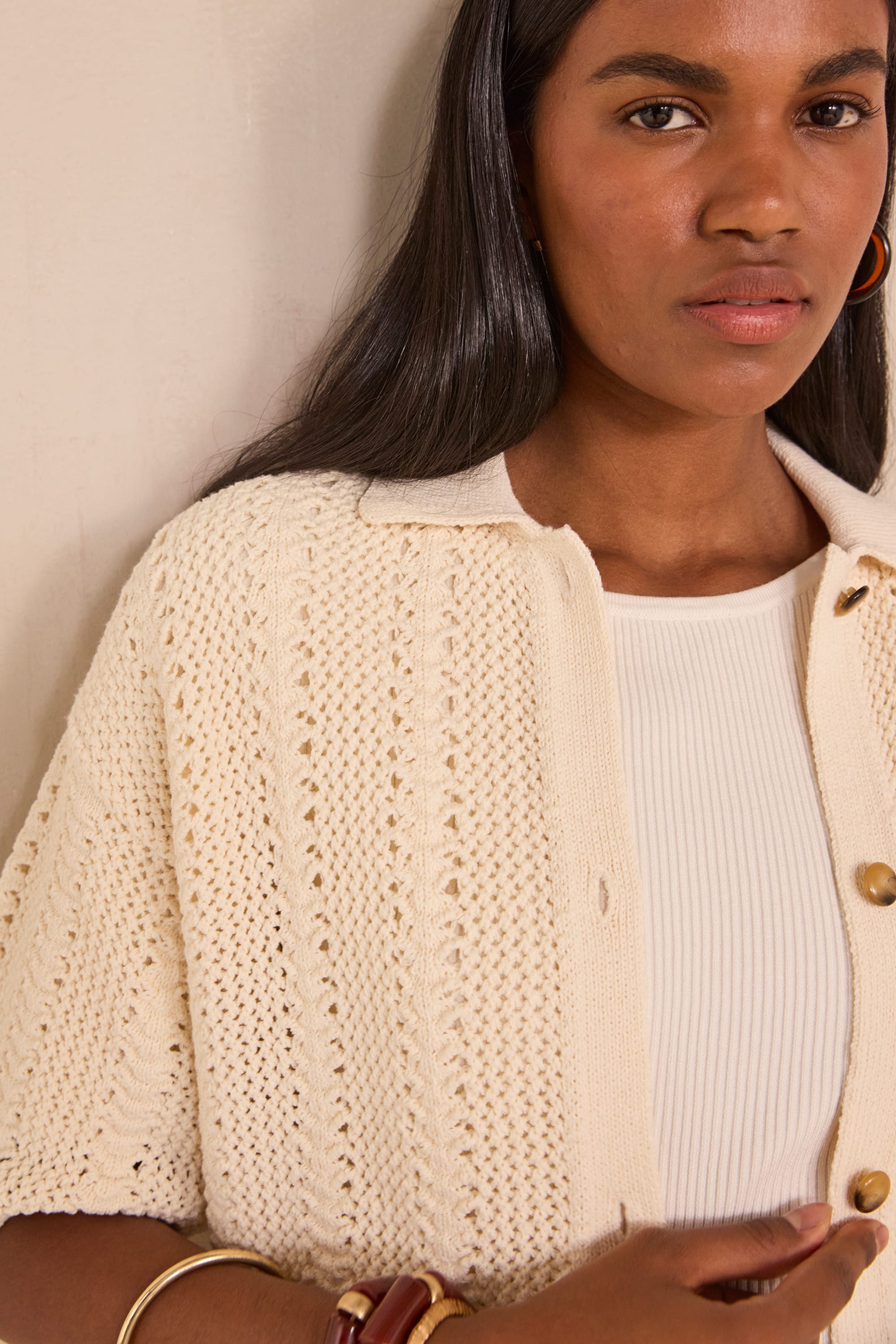 Adele short sleeve cotton blend knit vest woman | CREAM | Maison 123