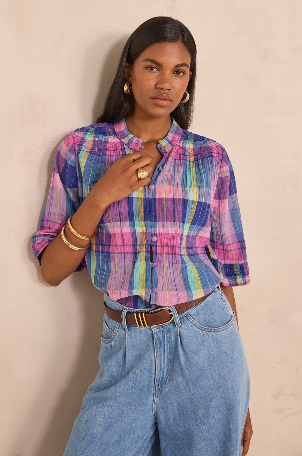 Short-sleeved checkered cotton blouse MAGDA;${refinementColor}