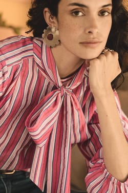 Striped cotton blouse with lavalli&egrave;re collar DOMITILLE;${refinementColor}