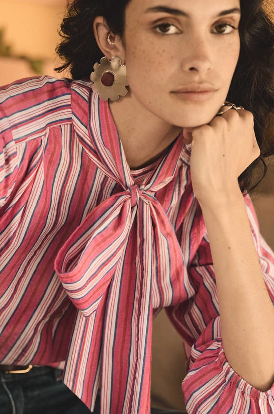 Striped cotton blouse with lavalli&egrave;re collar DOMITILLE;${refinementColor}