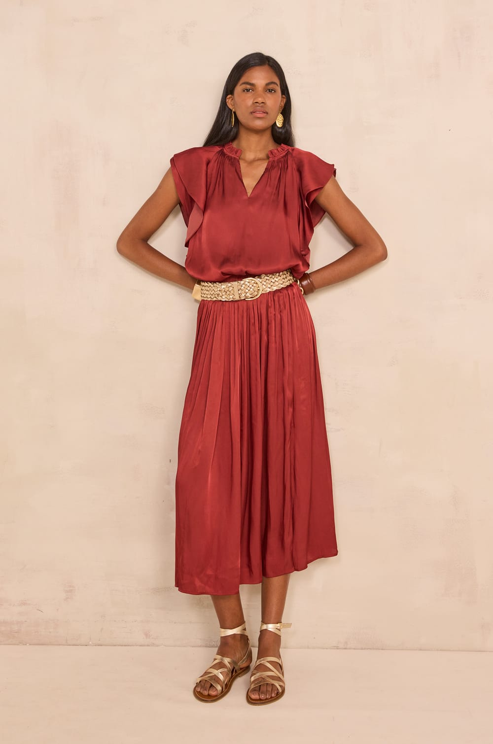 JULIANA satin midi skirt;${refinementColor}