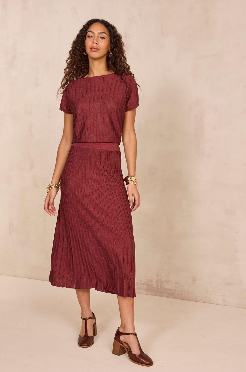 Pleated sequin mesh skirt OLYMPE;${refinementColor}