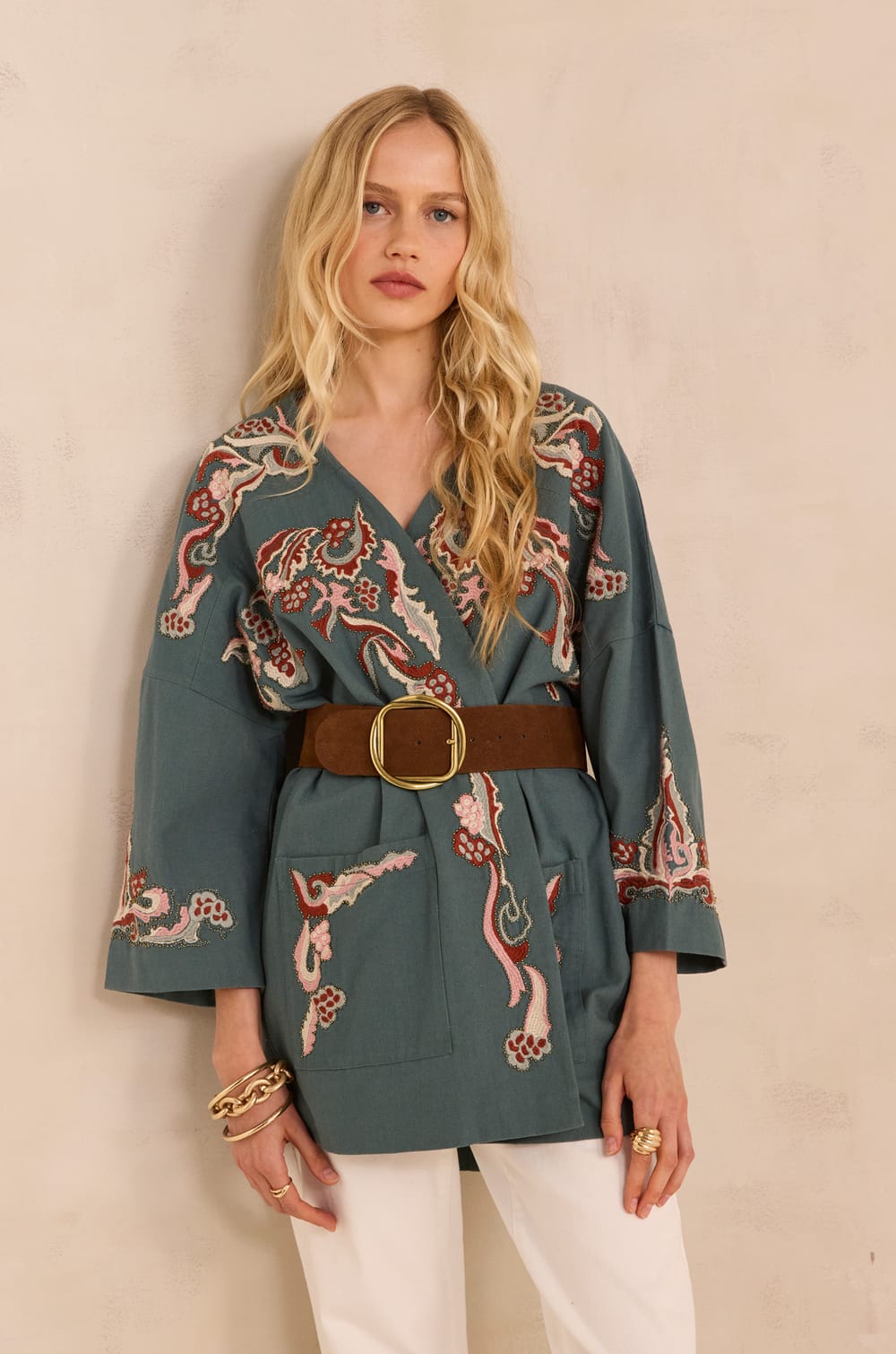 Embroidered 3/4 sleeve cotton jacket NOURIA;${refinementColor}