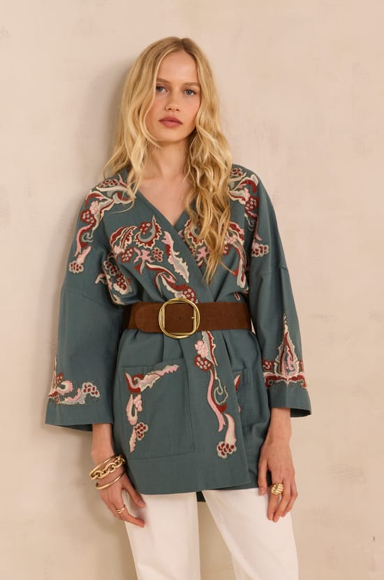 Embroidered 3/4 sleeve cotton jacket NOURIA;${refinementColor}