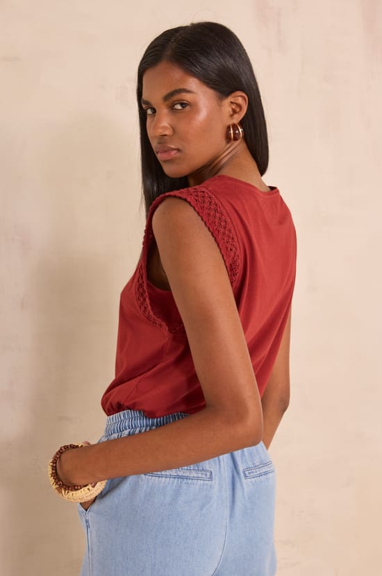 Sleeveless embroidered cotton blend T-shirt TAMARA;${refinementColor}
