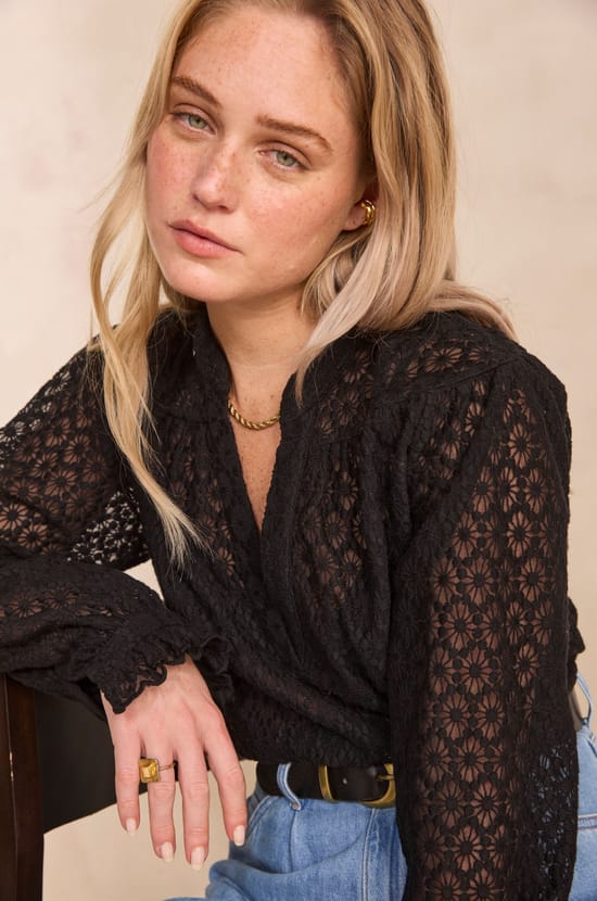 Embroidered cotton V-neck blouse DANIELA;${refinementColor}