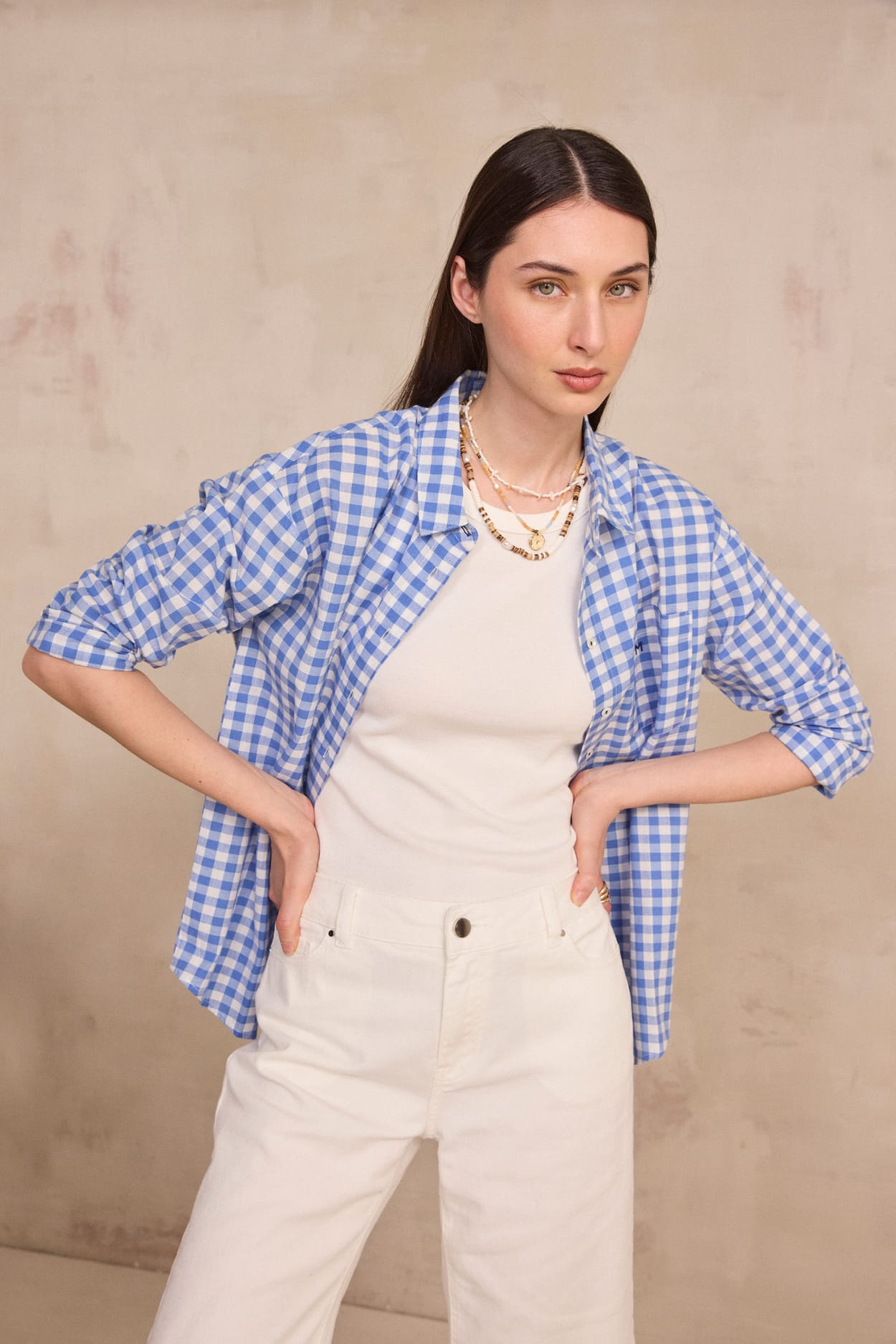 Long-sleeve cotton checkered shirt MARILOU;${refinementColor}