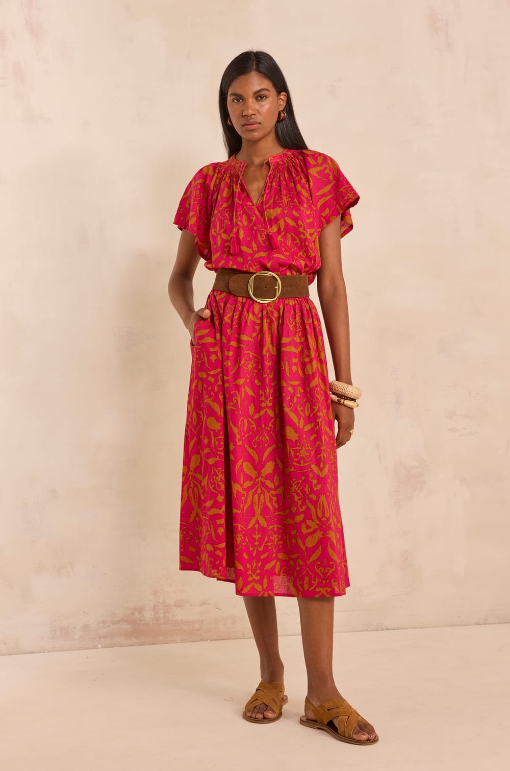 Printed fluid midi cotton skirt BROWN;${refinementColor}