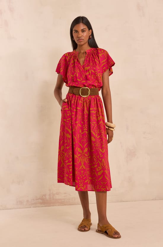 Printed fluid midi cotton skirt BROWN;${refinementColor}