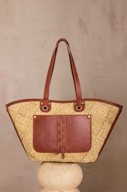 LUCIEN leather and raffia basket bag;${refinementColor}