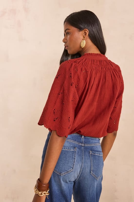 Embroidered 3/4 Sleeve Cotton Blouse MASHA;${refinementColor}