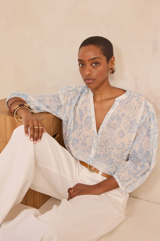 Printed 3/4 sleeve cotton blouse DEVONA;${refinementColor}