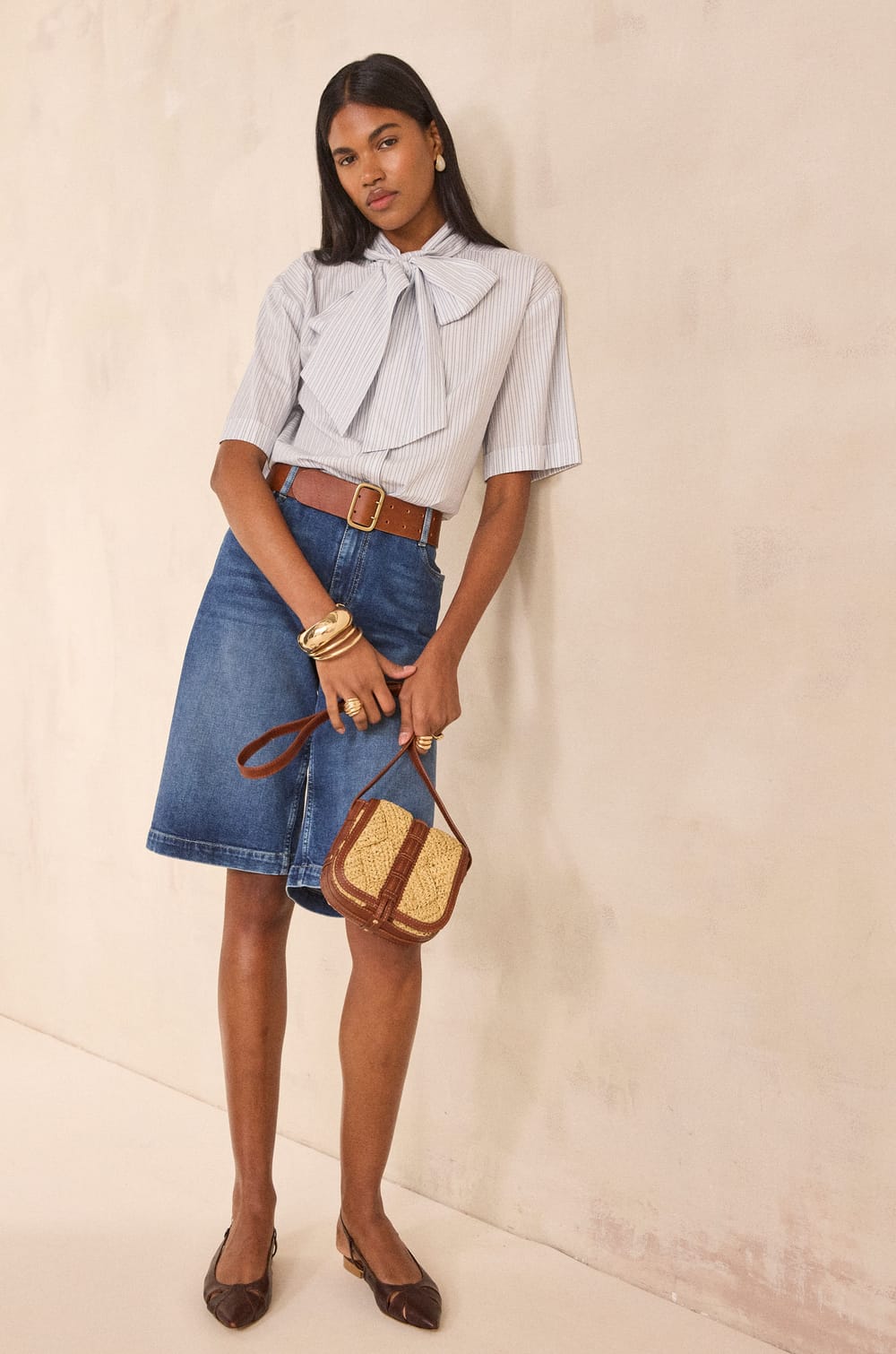 Short-sleeved cotton blouse with bow tie collar DARINE;${refinementColor}