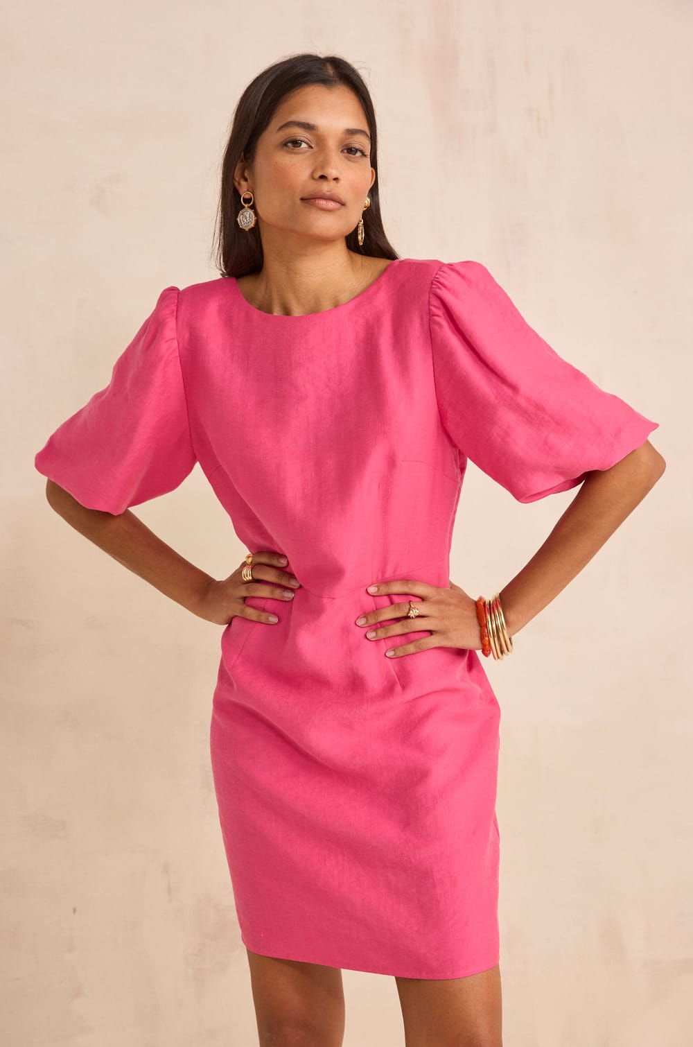 BAYLA short puff sleeve straight dress;${refinementColor}