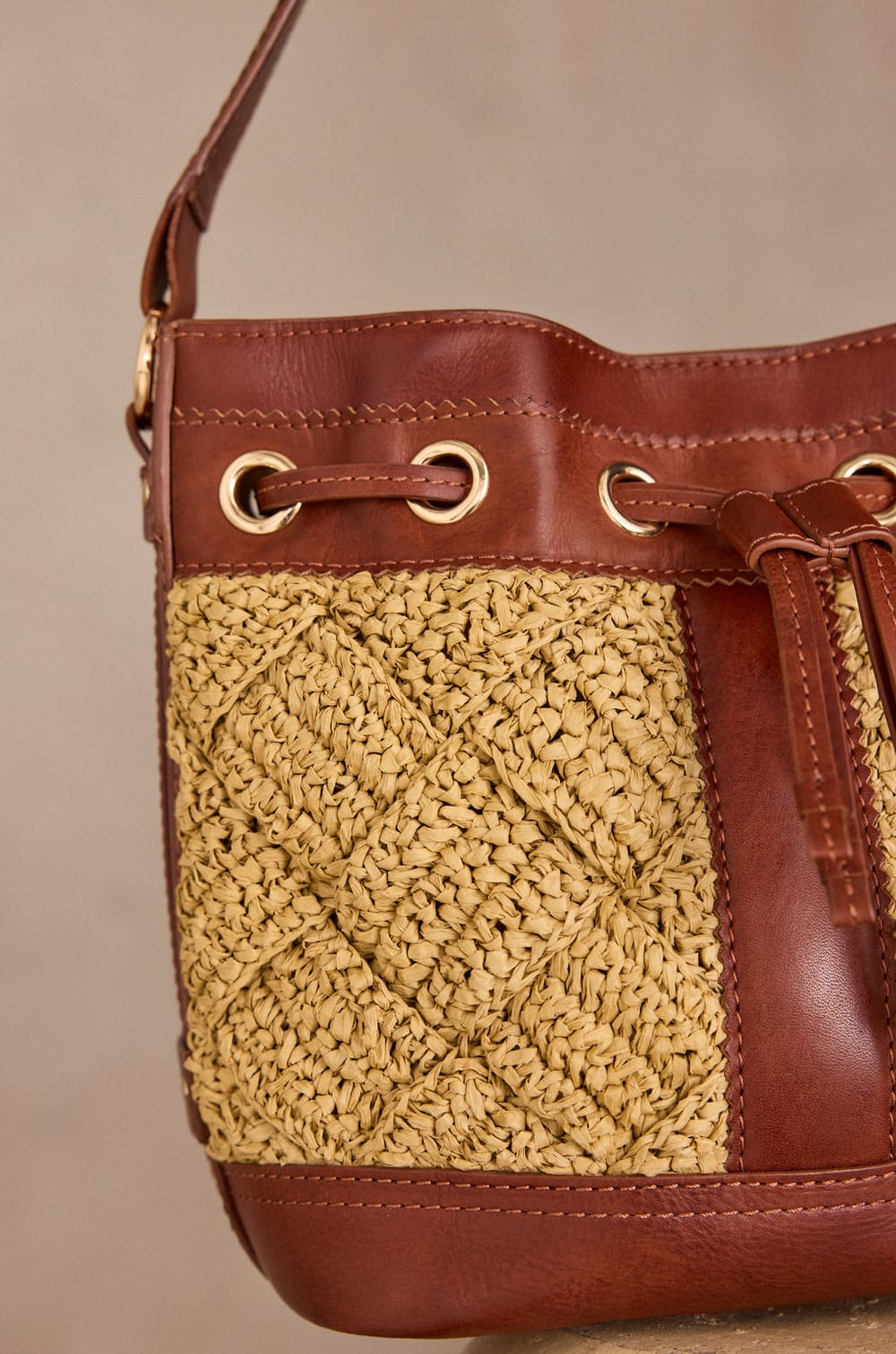 LUCIEN leather and raffia bucket bag;${refinementColor}