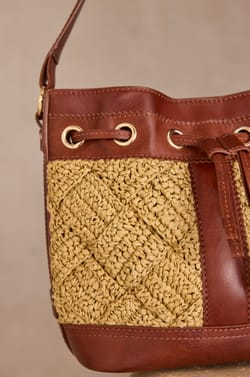 LUCIEN leather and raffia bucket bag;${refinementColor}