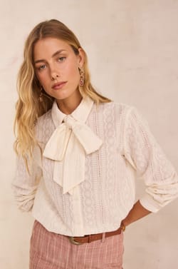 Blouse with pussy bow collar in cotton COLETTE;${refinementColor}