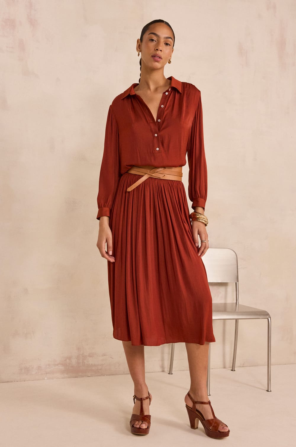 CRYSTAL pleated midi skirt;${refinementColor}