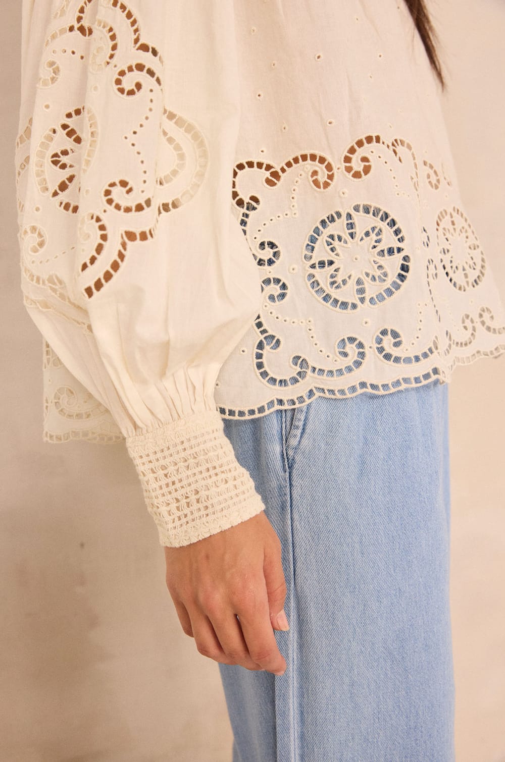 Embroidered cream cotton blouse MADELEINE;${refinementColor}