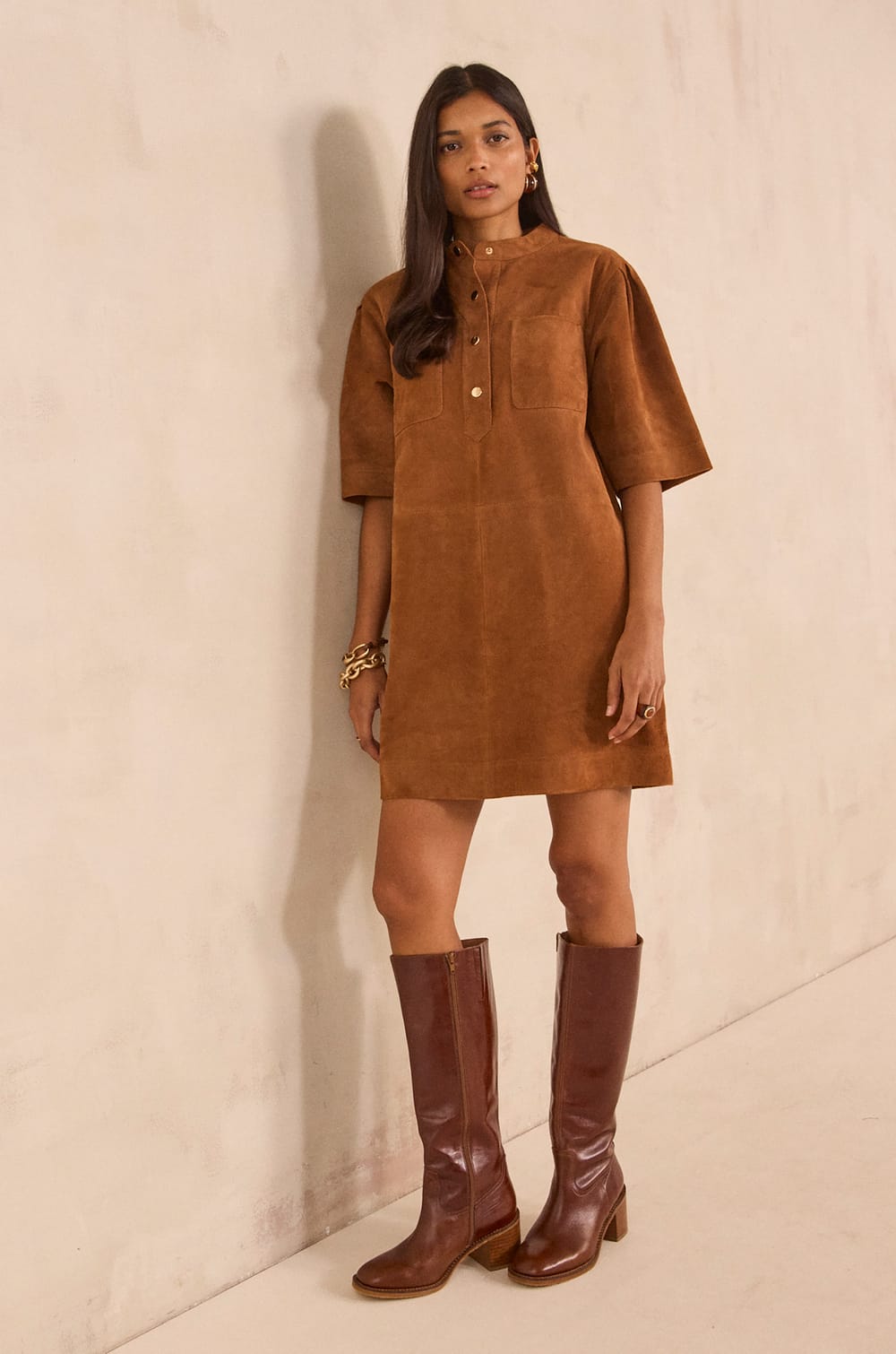 Straight leather dress PENNY;${refinementColor}