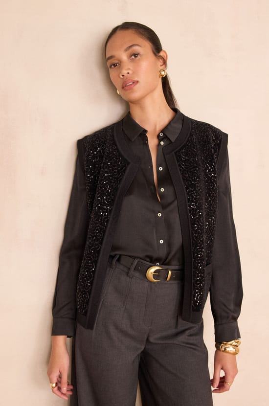 BECKA sequin cardigan without sleeves;${refinementColor}