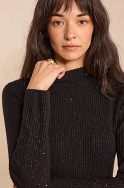 Black straight knit dress in mixed wool with sequins;${refinementColor}