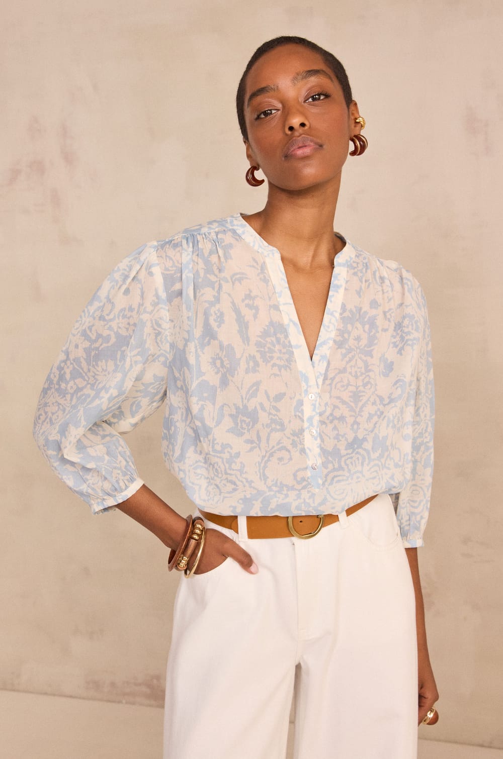 Printed 3/4 sleeve cotton blouse DEVONA;${refinementColor}